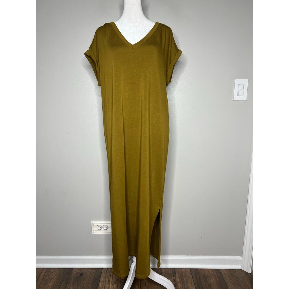 Lou & Grey Signature Soft V-Neck Midi Dress Side Slit Oversized Olive Green Sz M